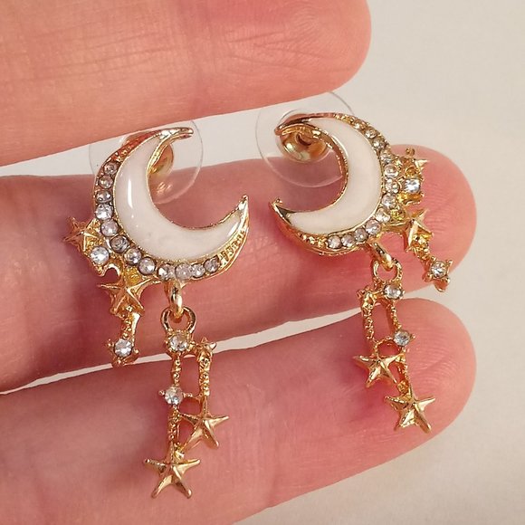 Gold Plated Diamond Zircon Moon Star Tassel Stud Earrings Women's Party Gift - Picture 3 of 3